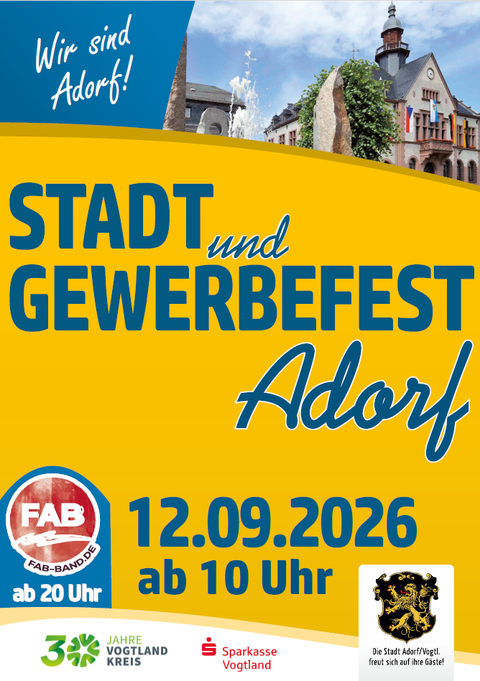 Werbeplakat für das Stadtfest in Adorf/Vogtl. am 12.09.2026 ab 10 Uhr